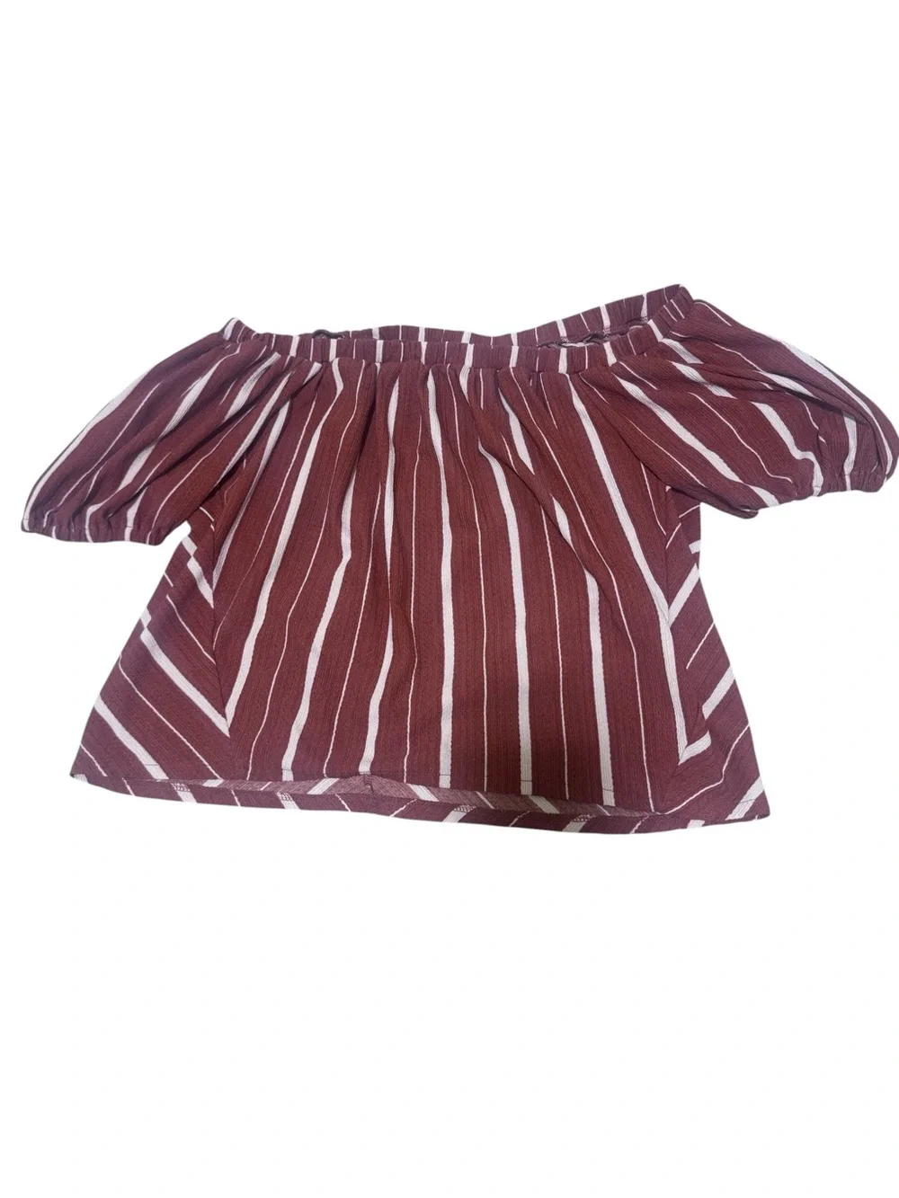 Anthropologie Burgundy and White Striped Off-Shoulder Puff Sleeve Top